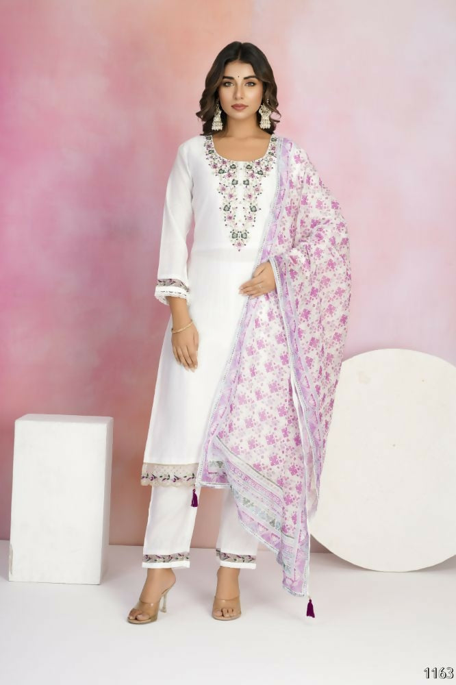 Ethnic Festive Wear Viscose Chanderi White Stitched Suit With Dupatta - Tanisha