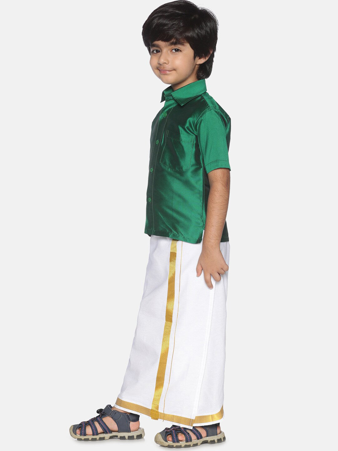 Sethukrishna Boys Green & White Solid Shirt and Dhoti Set