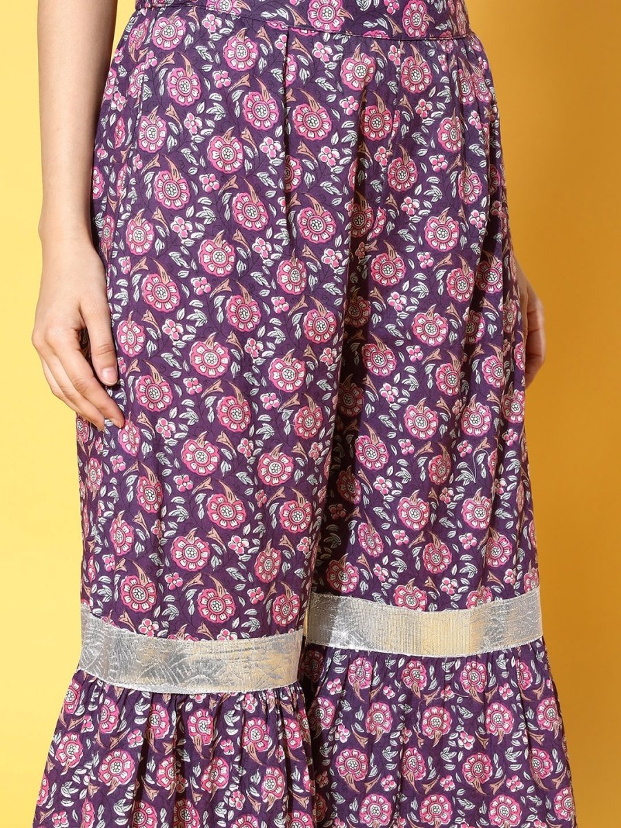 All About You Women Purple Floral Printed Regular Gotta Patti Pure Cotton Kurta with Sharara