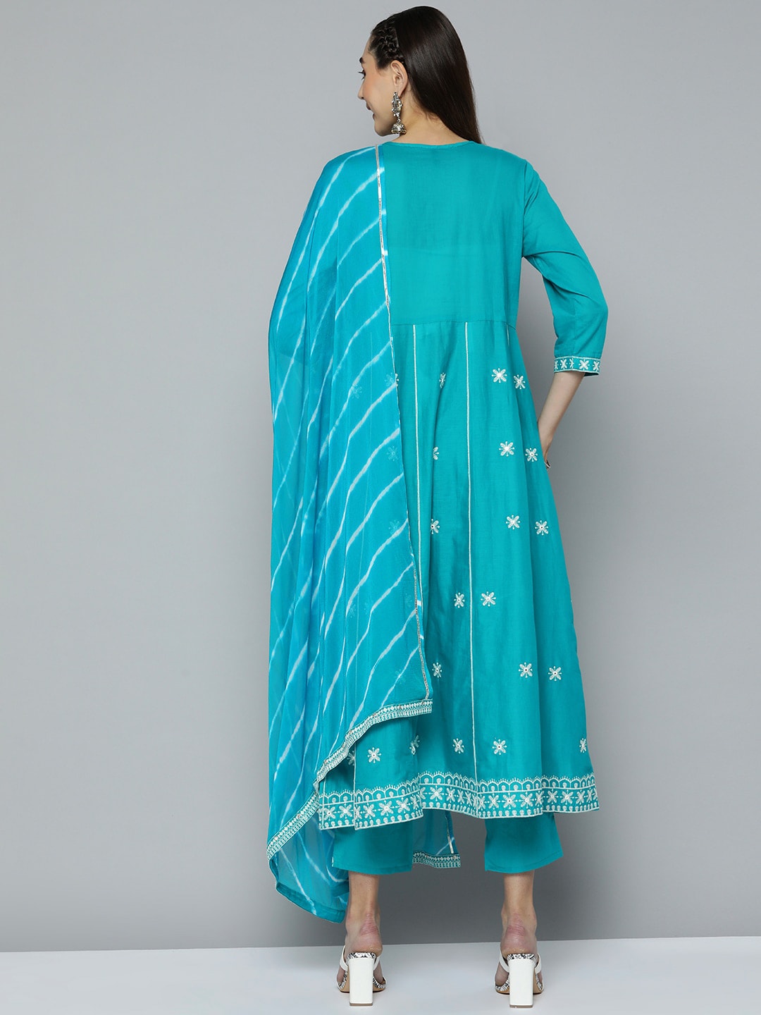 HERE&NOW Women Blue Ethnic Motifs Embroidered Thread Work Kurta with Trousers & With Dupatta