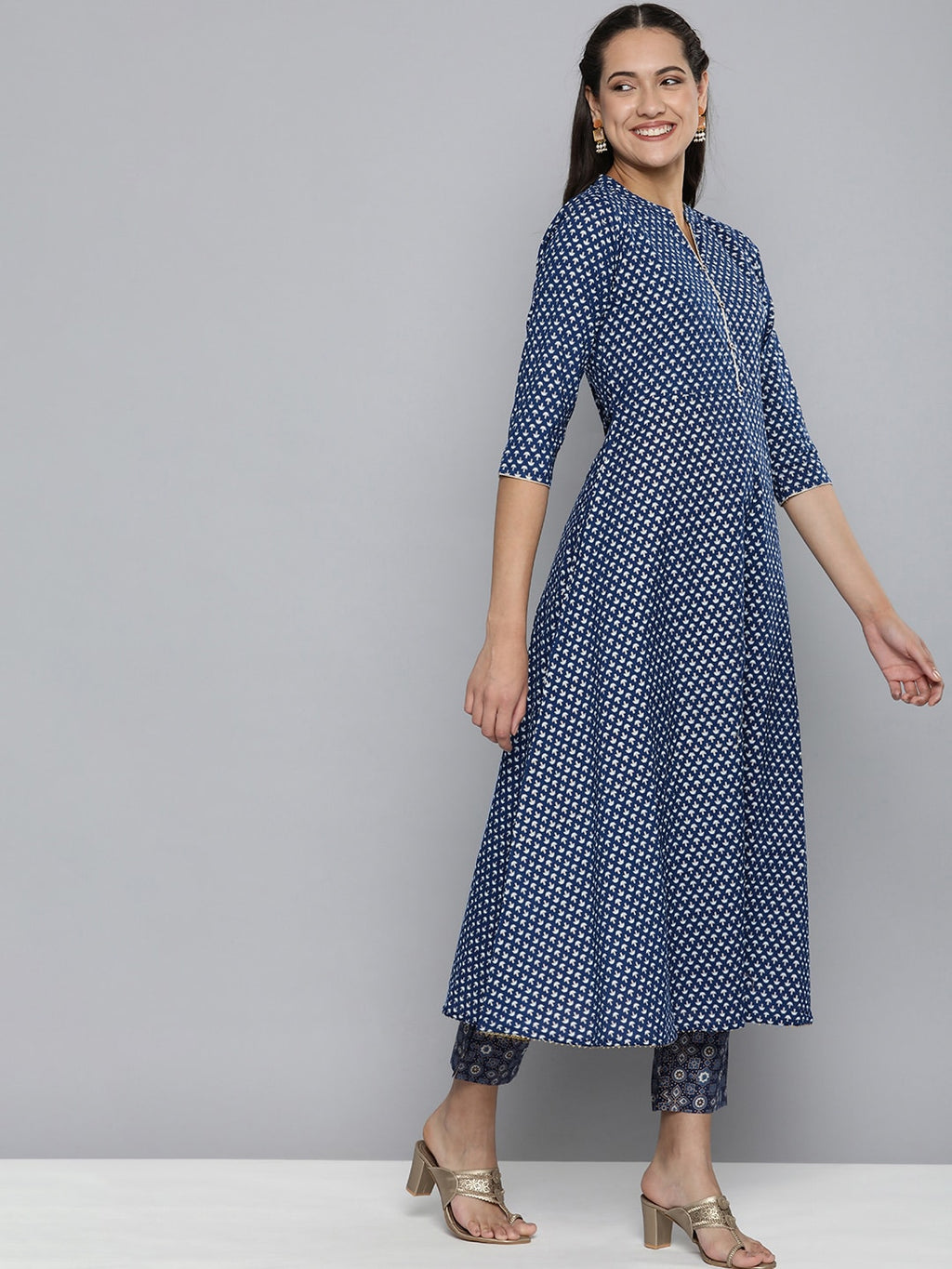 HERE&NOW Women Navy Blue Ethnic Motifs Printed Pure Cotton Kurta with Trousers & With Dupatta