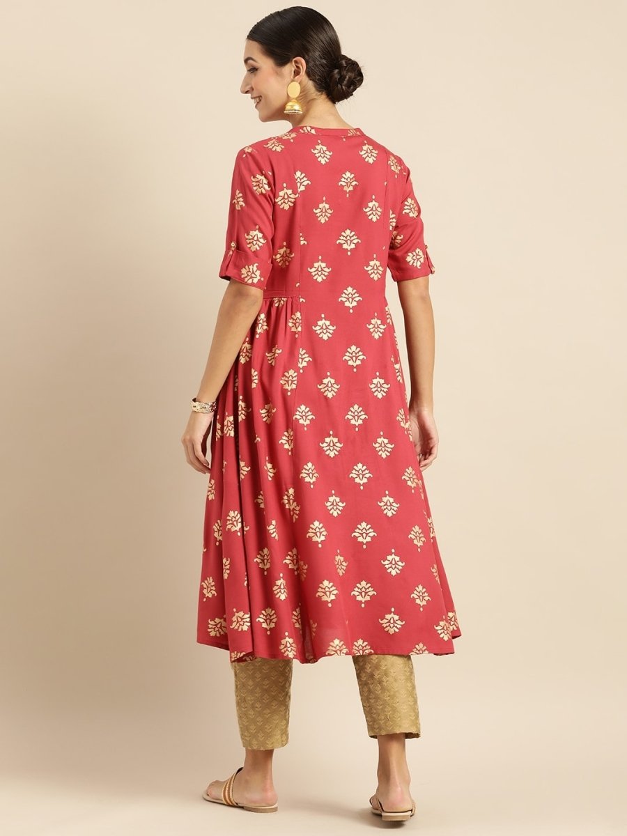 All About You Women Rust & Gold-Toned Ethnic Motifs Printed Mirror Work Kurta