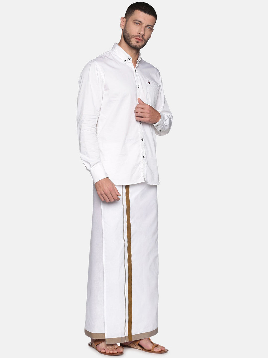 Sethukrishna Men White & Brown Solid Cotton Dhoti