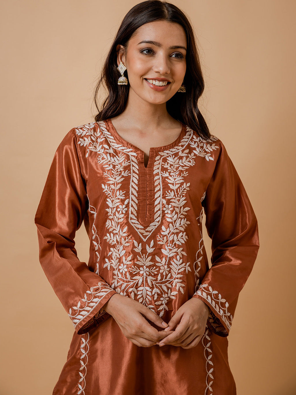 HOUSE OF KARI Floral Embroidered Silk Chikankari Kurta