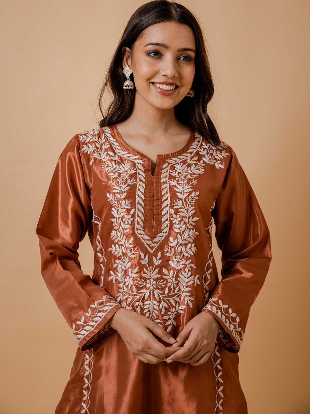 HOUSE OF KARI Floral Embroidered Silk Chikankari Kurta