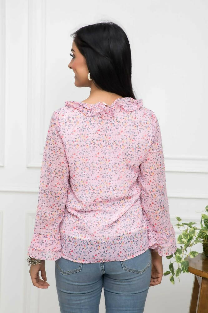 Myshka Women Pink Floral V-Neck Regular Sleeves Synthetic Georgette Top