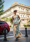 Sea Green Satin Organza Floral Woven Design Saree With Unstitched Blouse Piece - Klay's