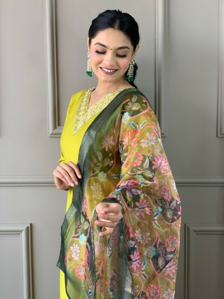 Partywear Designer Lemon Yellow Viscos Chanderi Stitched Suit With Dupatta - Tanisha