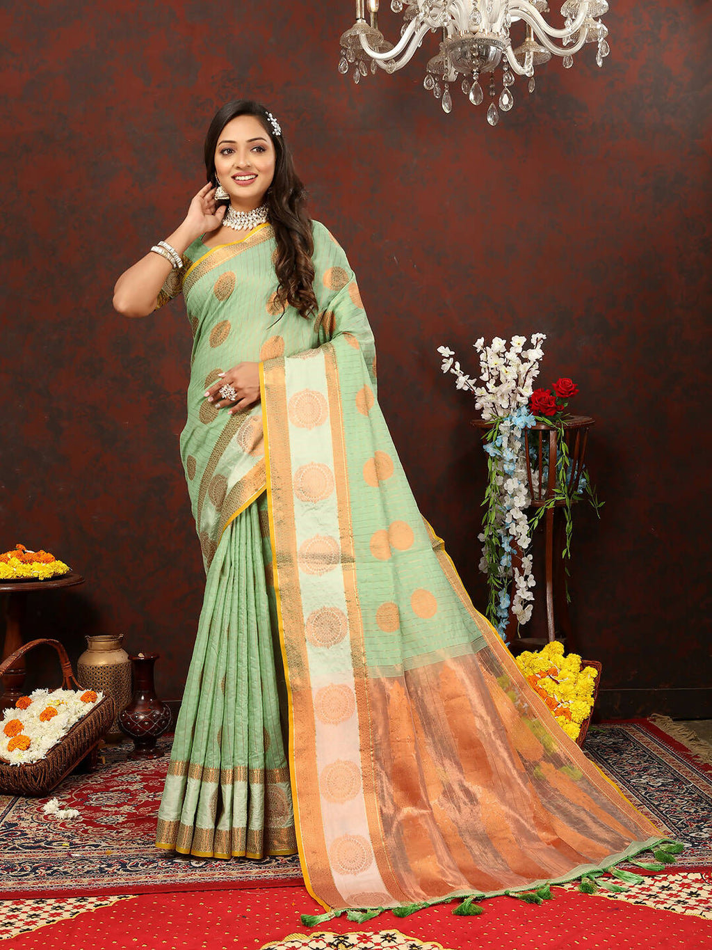 Lorenvalley Fashion Seagreen Cotton with Woven Design Zari Weaving Saree