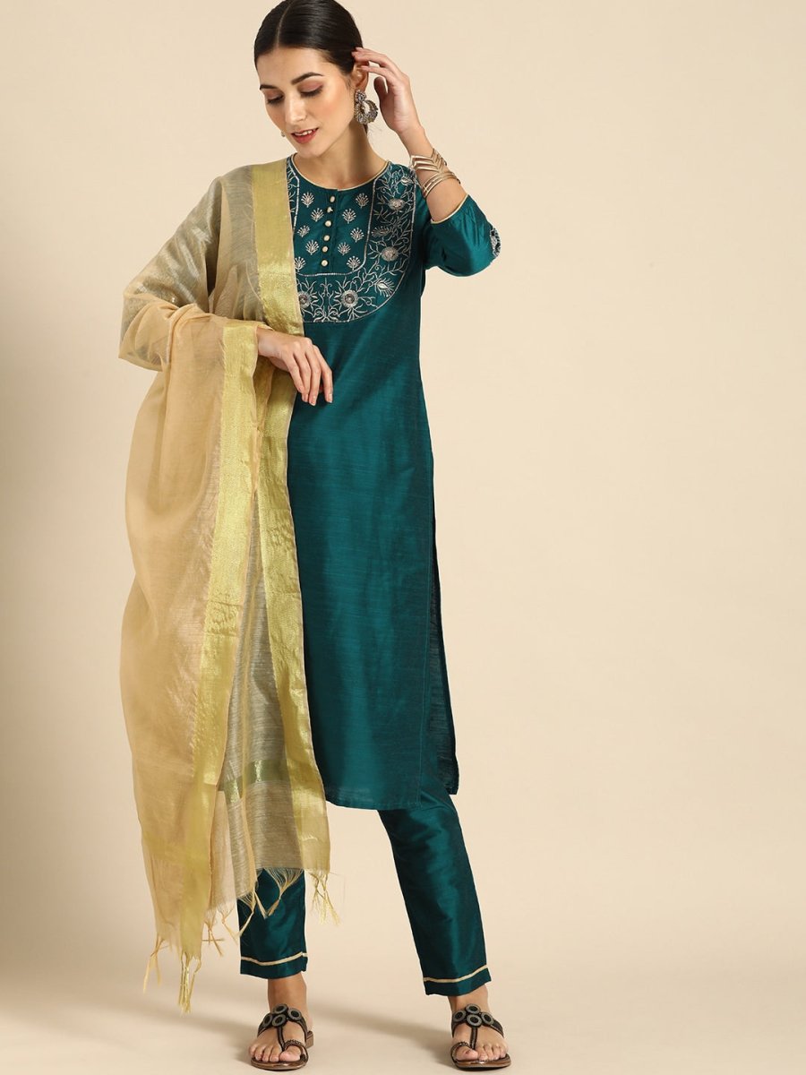 All About You Women Green & Gold-Toned Embroidered Sequinned Kurta with Trousers & Dupatta