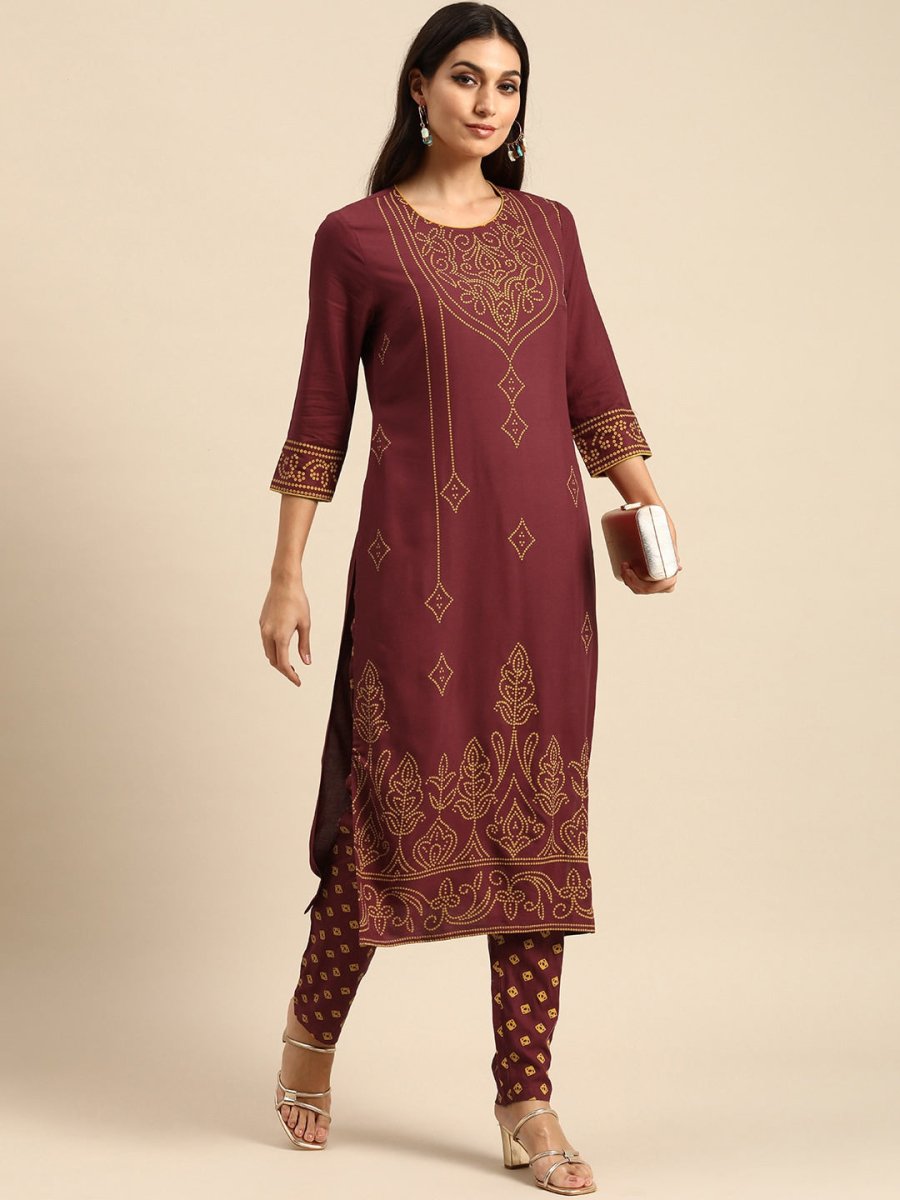 All About You Women Maroon Bandhani Printed Kurta with Trousers