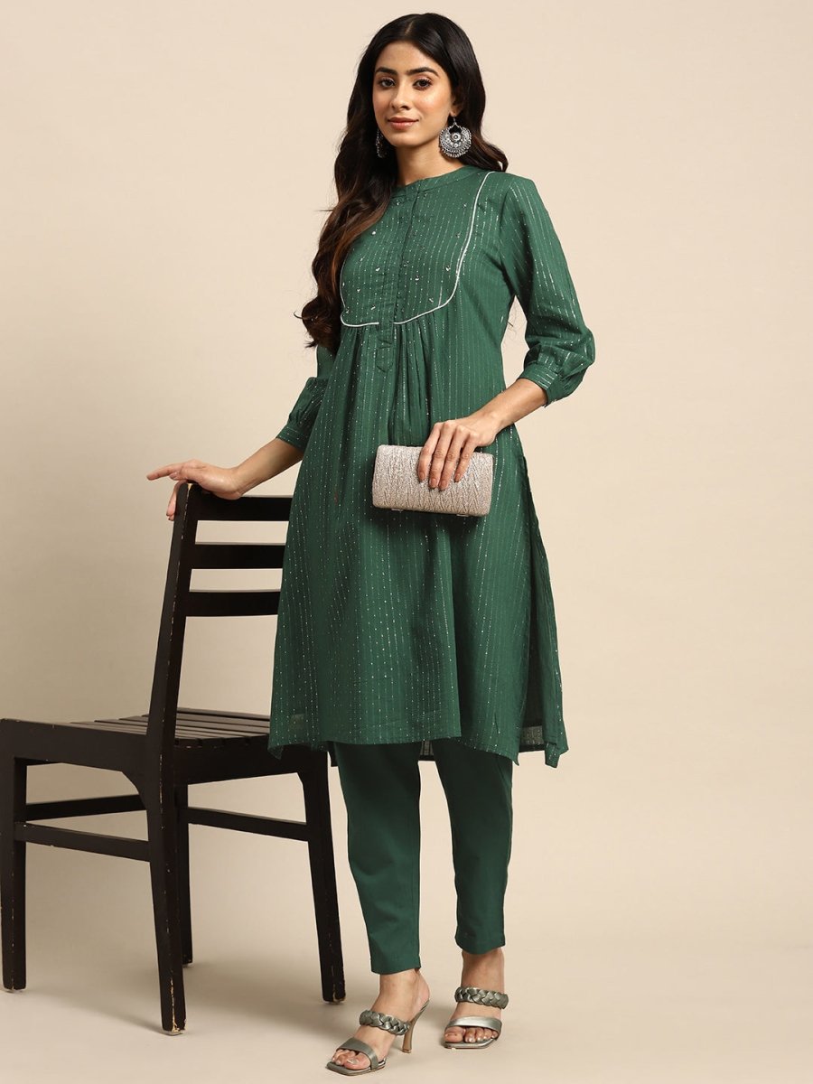 All About You Striped Pleated Sequinned Pure Cotton Kurta with Trousers