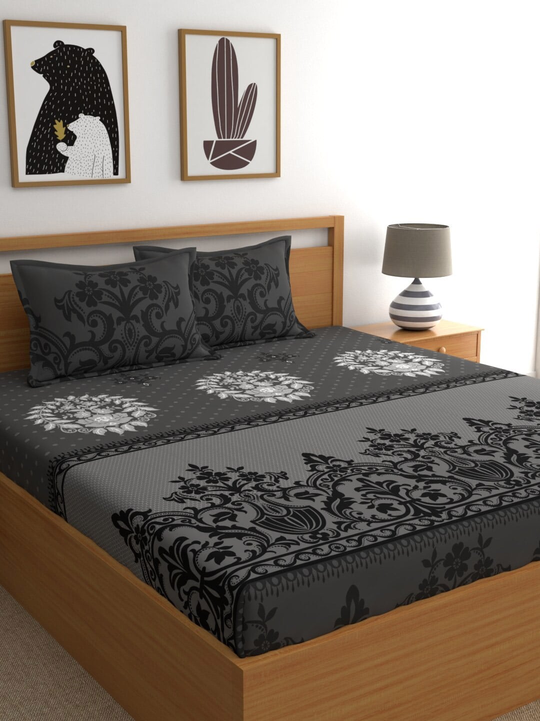 Dreamscape Grey & Black Ethnic Motifs 144 TC Bedsheet with Pillow Covers