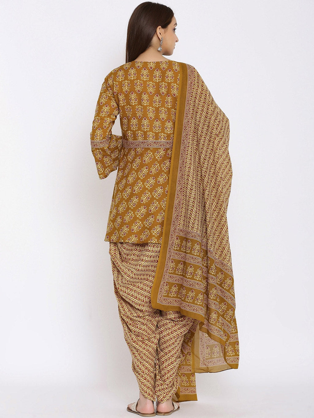HERE&NOW Mustard Yellow Floral Printed A-Line Kurta with Dhoti Pants & With Dupatta