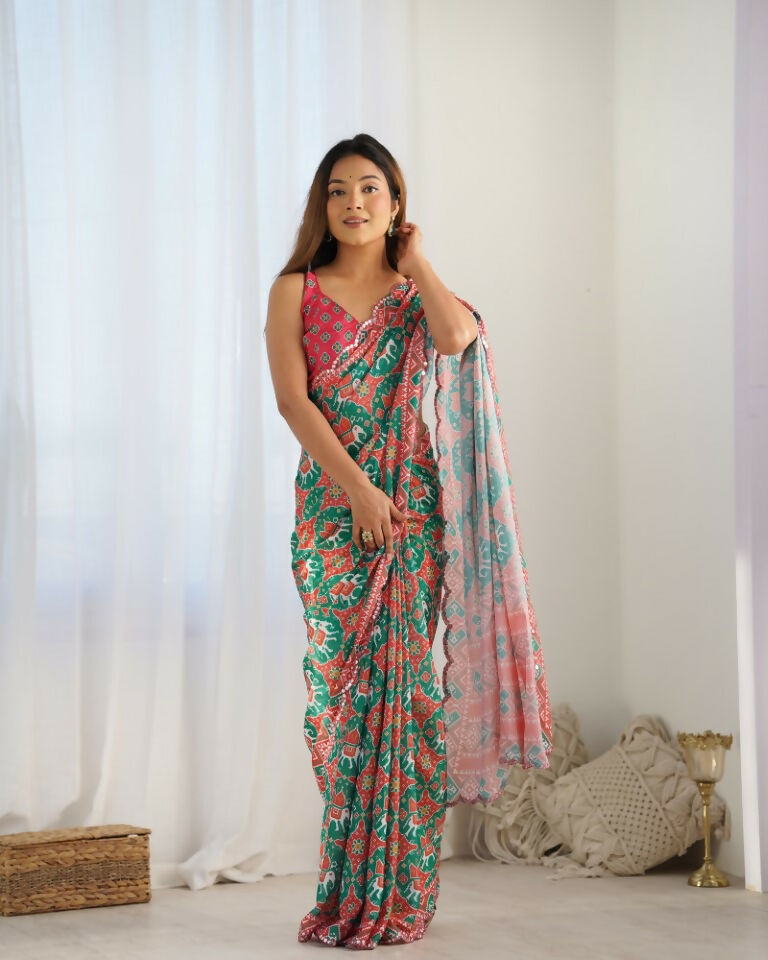 Green Chinon Designer Digital Printed & Mirror Cut Work Saree - Kriti