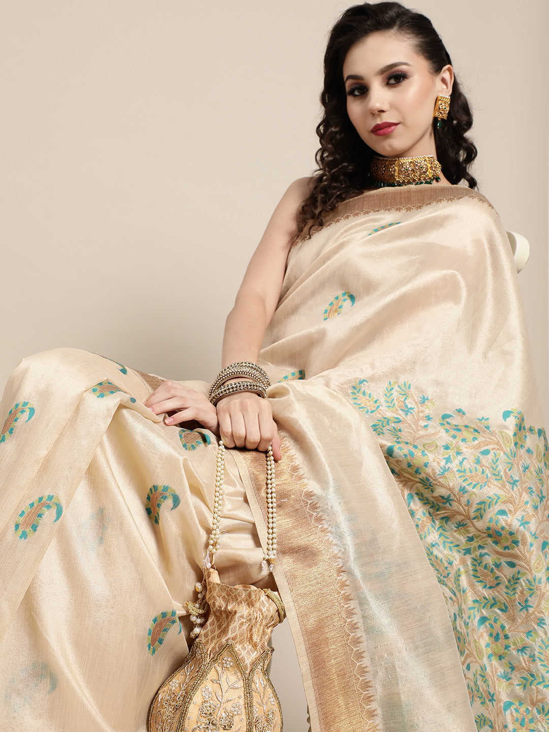 Saree Mall Saree Mall Rich Beige and Gold Silk Blend Saree