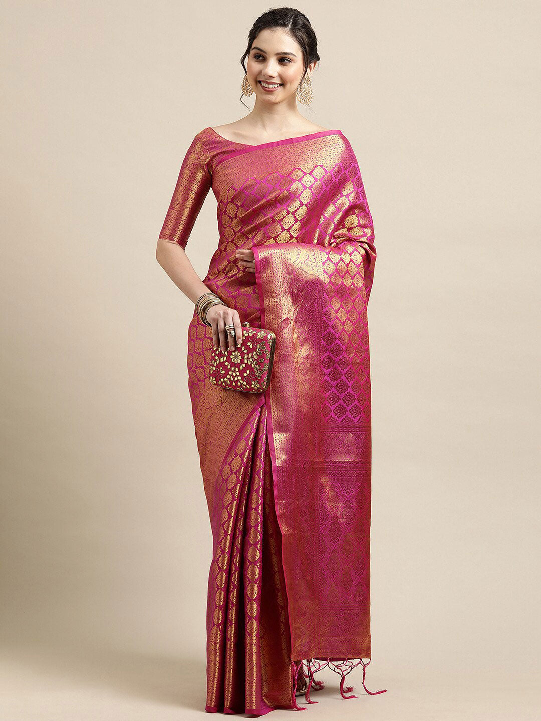 Saree Mall Pink & Gold-Toned Woven Design Zari Silk Blend Banarasi Saree
