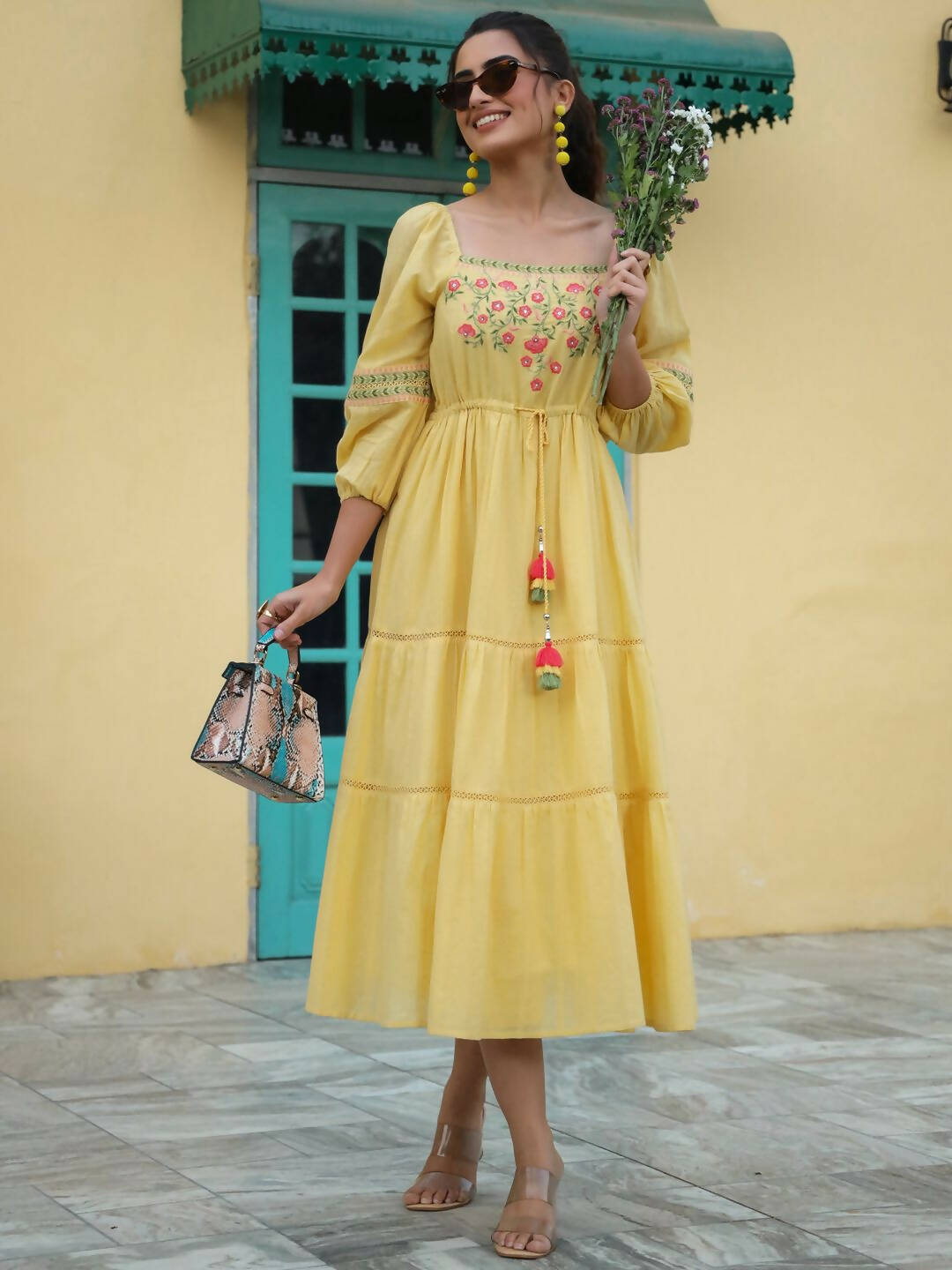 Juniper Women's Yellow Cotton Dobby Embroidered Flared Dress