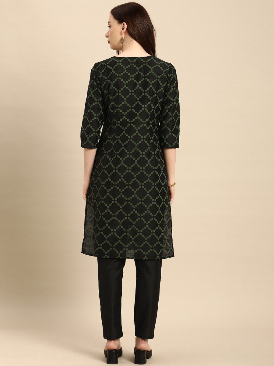 All About You Women Black & Green Printed Kurta with Trousers