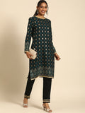 All About You Women Black & Gold-Toned Floral Printed Regular Kurta with Trousers