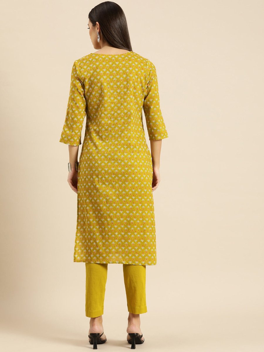 All About You Women Olive Green Ethnic Motifs Print Pure Cotton Kurta with Trousers