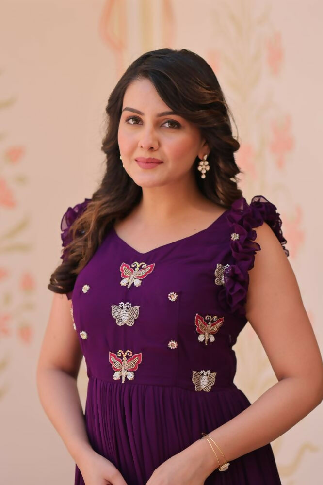 Vastranavya Purple Faux Blooming With Sequins Multithreaded Beads Embroidered work Gown