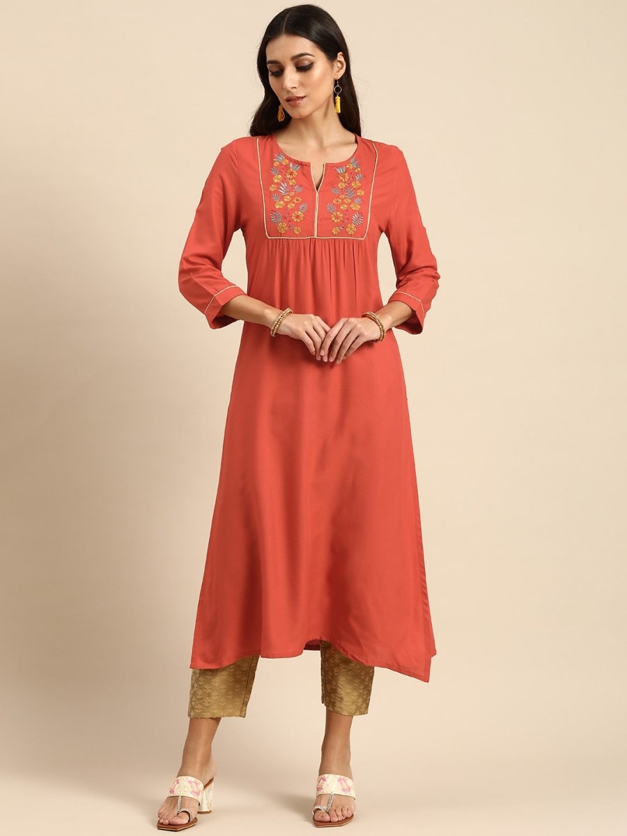 All About You Women Rust Orange Floral Yoke Design Embroidered Thread Work Straight Kurta