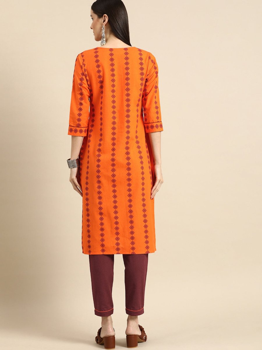 All About You Women Orange Printed Kurta with Maroon Solid Trousers