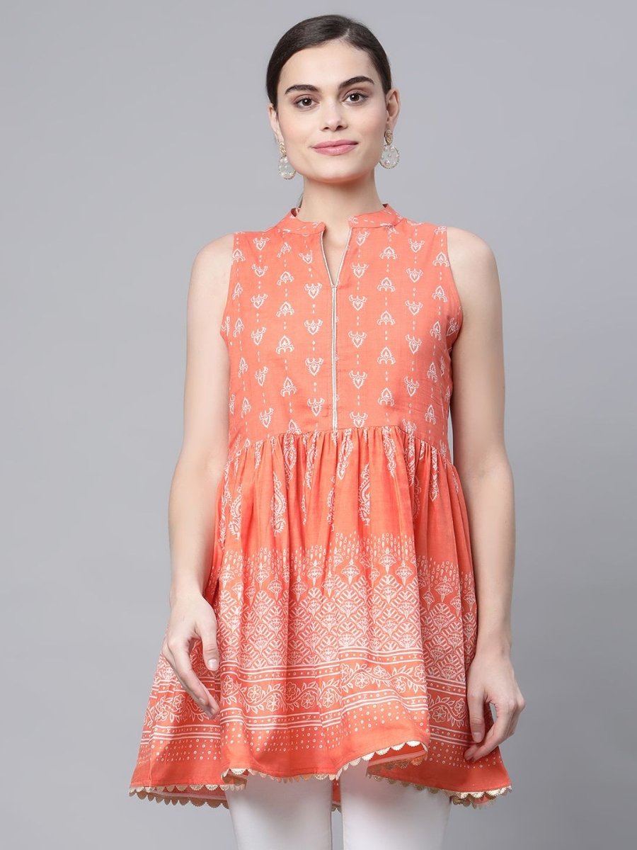 Ahalyaa Women Orange Pure Cotton Porcian Print Tunic