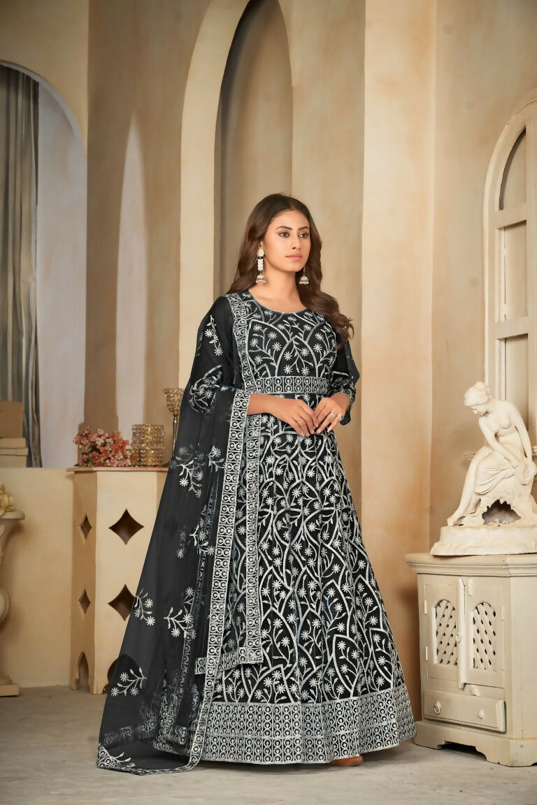 Jyoti Fashion Women's Black Net Embroidered Anarkali Kurta Pant Set With Dupatta