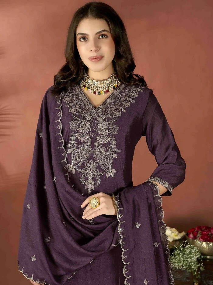 The52 Wine Women's Gorgeous Vichitra Fabric Embroidered Work Straight Kurta Pant and Dupatta Set