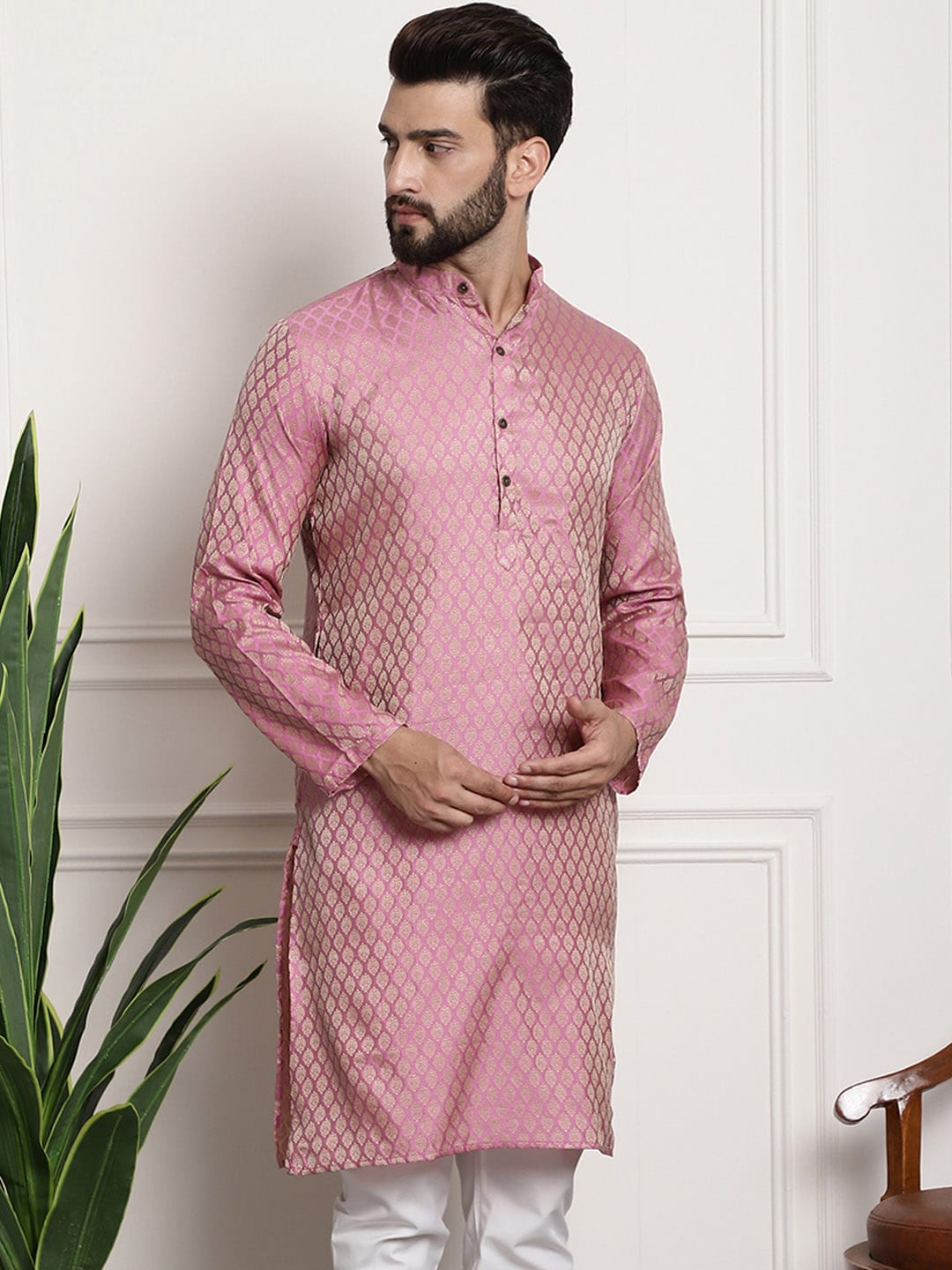 Sojanya Woven Design Mandarin Collar Silk Cotton Kurta