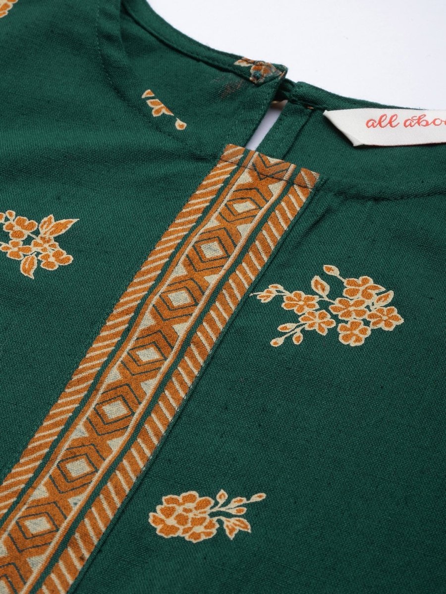 All About You Women Green & Brown Floral Printed Regular Pure Cotton Kurta with Trousers