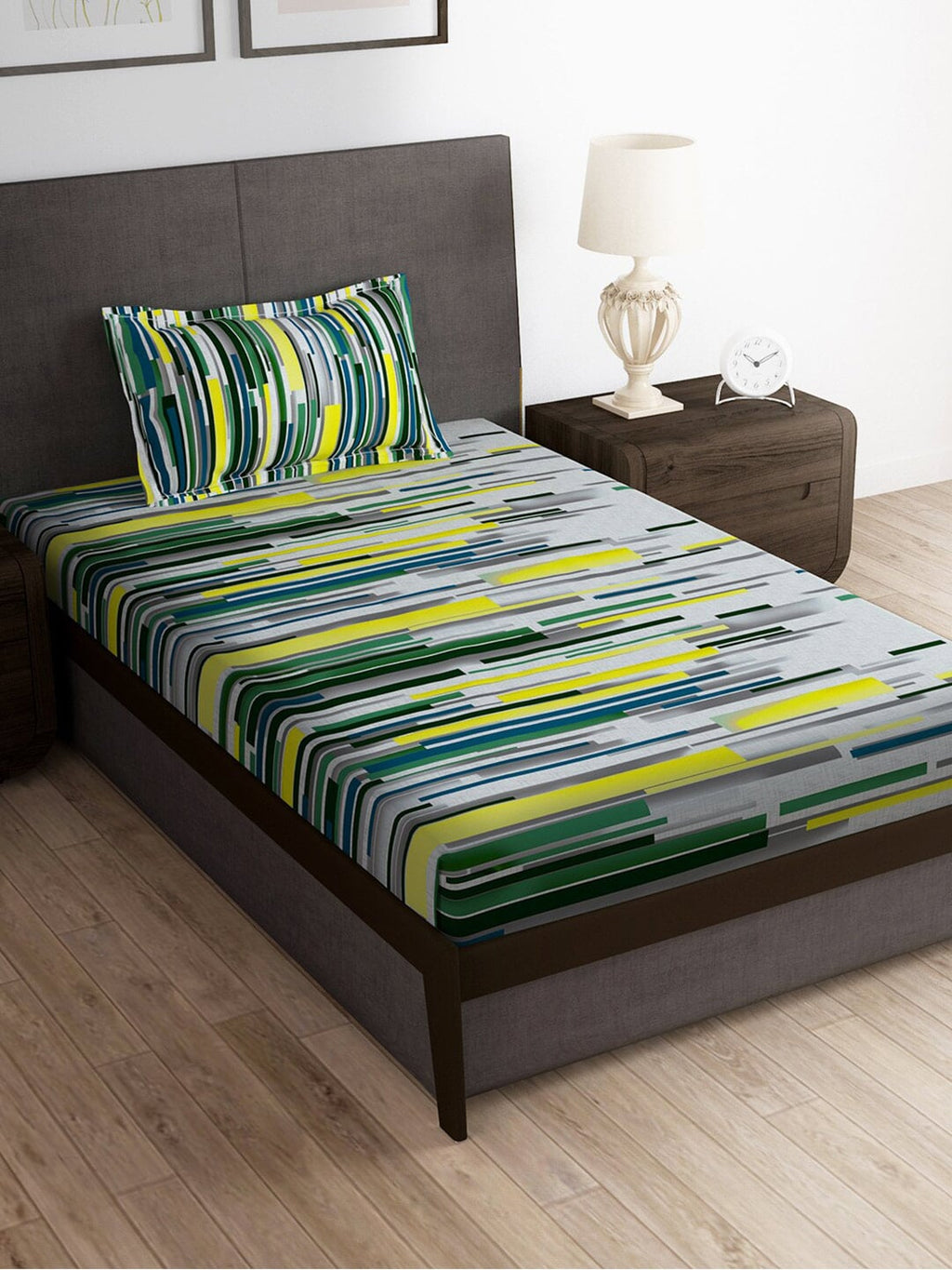 Story@home Grey & White Striped Microfiber 180 TC Bedsheet With Pillow Cover