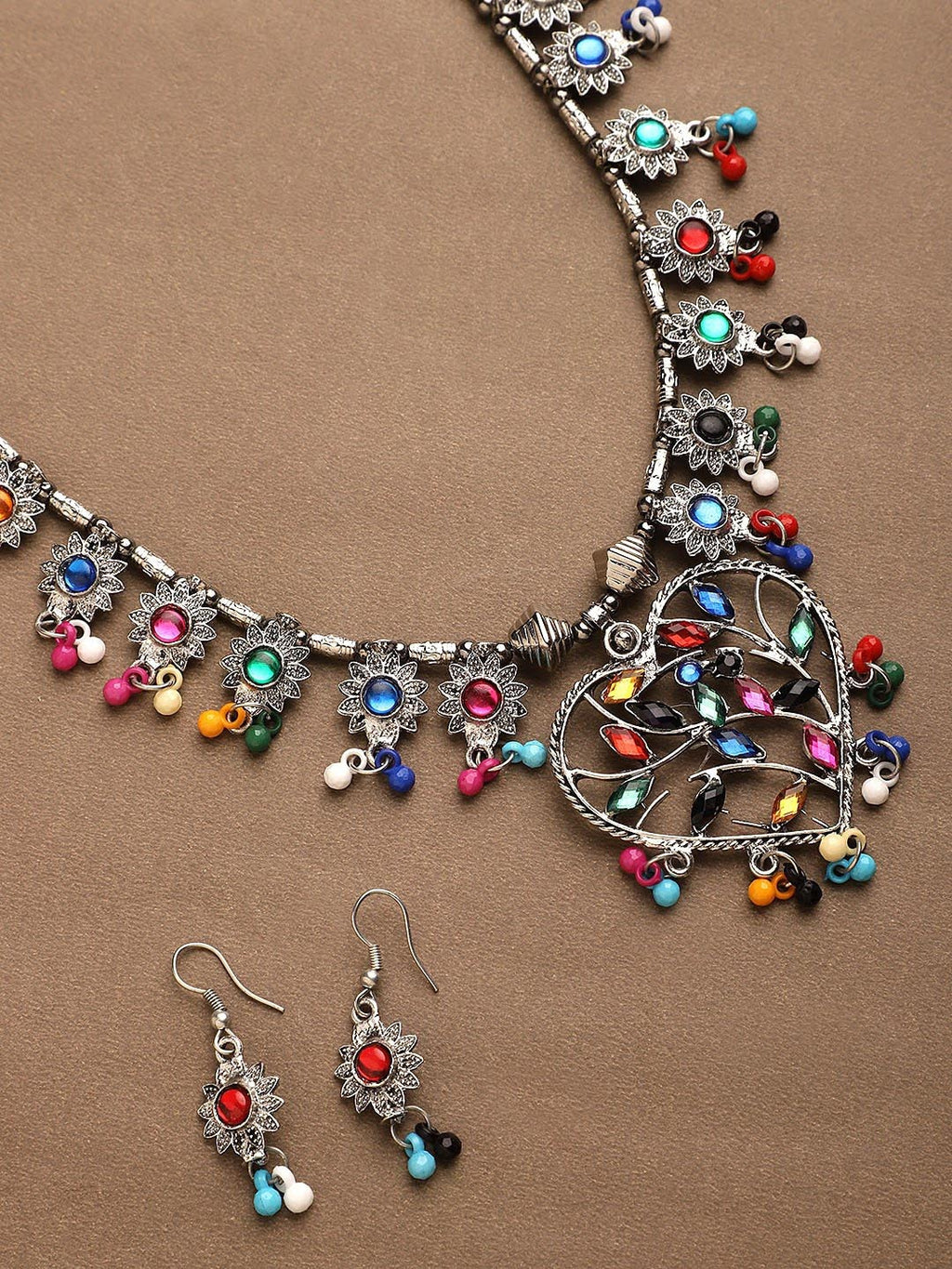 Cardinal Multi-Colored Heart Oxidised Long Jewellery Set
