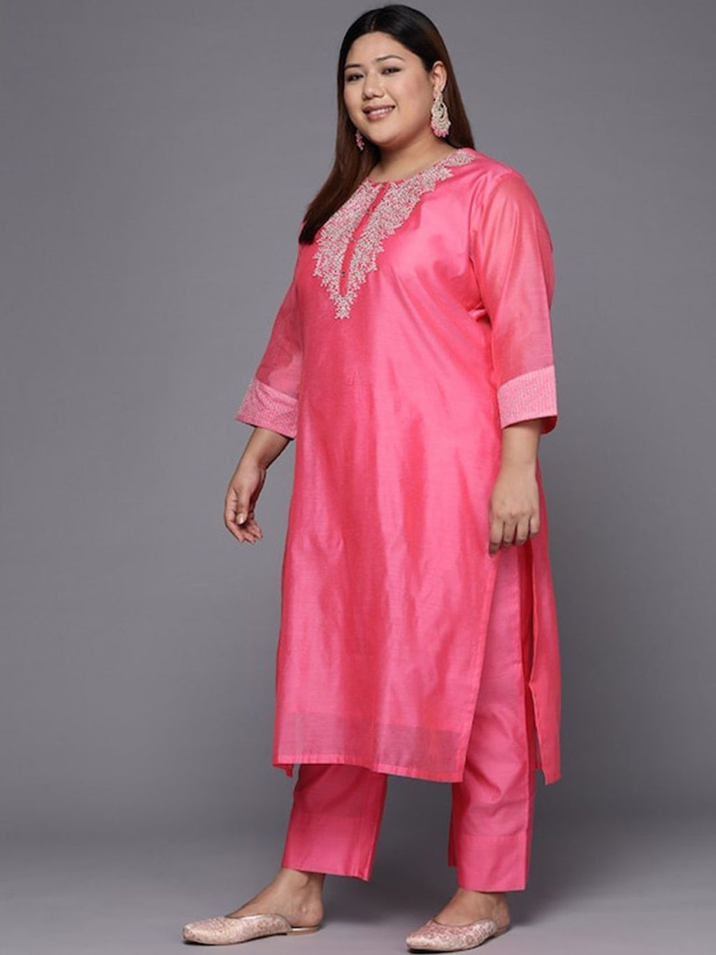 Sztori Plus Size Ethnic Yoke Design Regular Chanderi Silk Kurta & Trousers With Dupatta