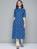 HERE&NOW Women Blue & White Ethnic Motifs Printed Kurta