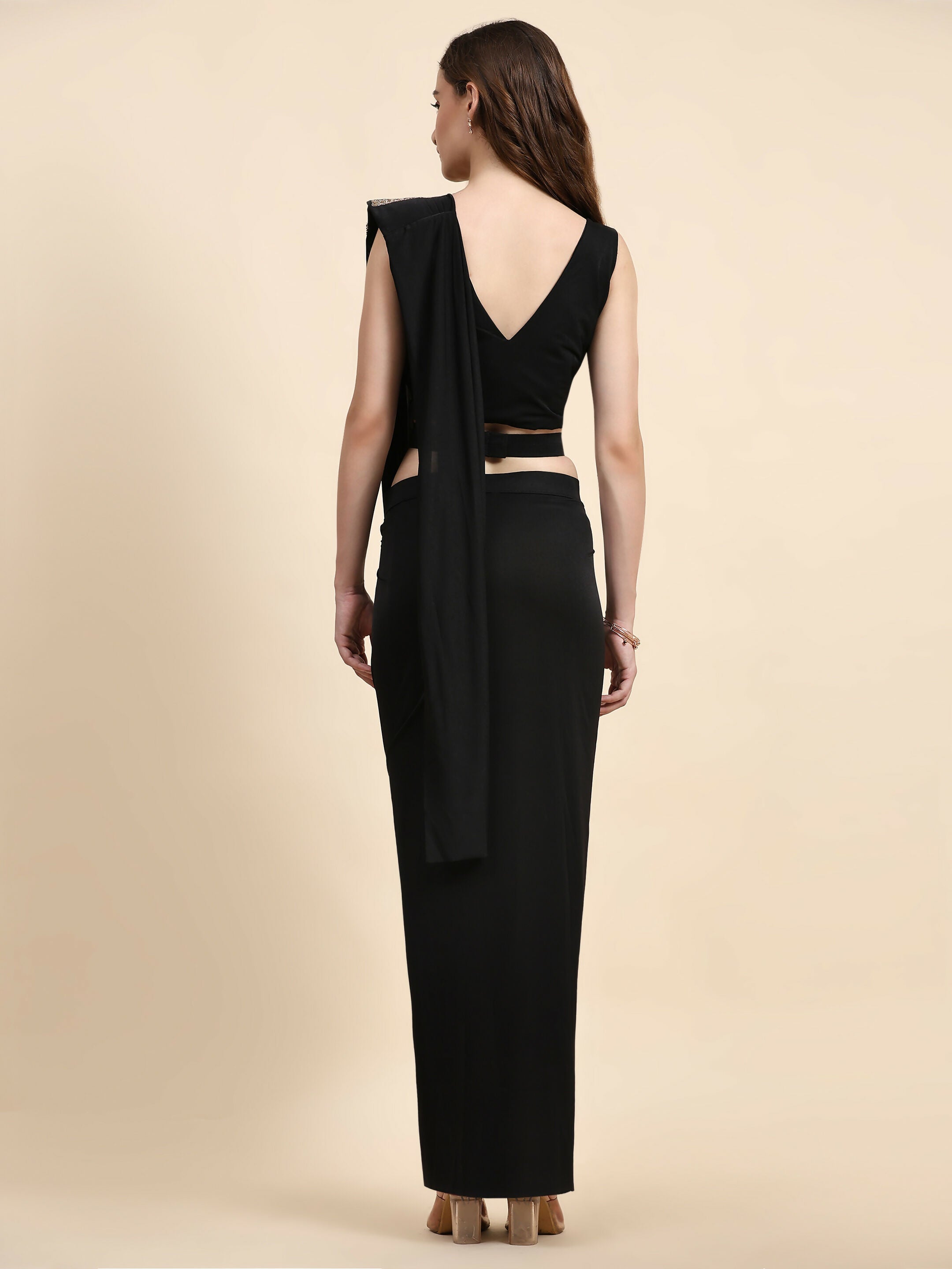 Black Polyester Solid Ready to Wear Saree with stitched Blouse - Nita