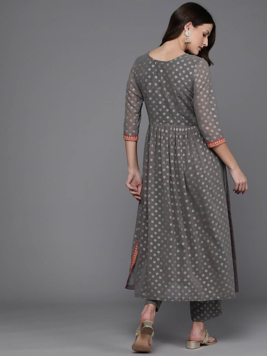 Ahalyaa Women Ethnic Motifs Printed Pleated Sequinned Kurta with Trousers - Grey Color