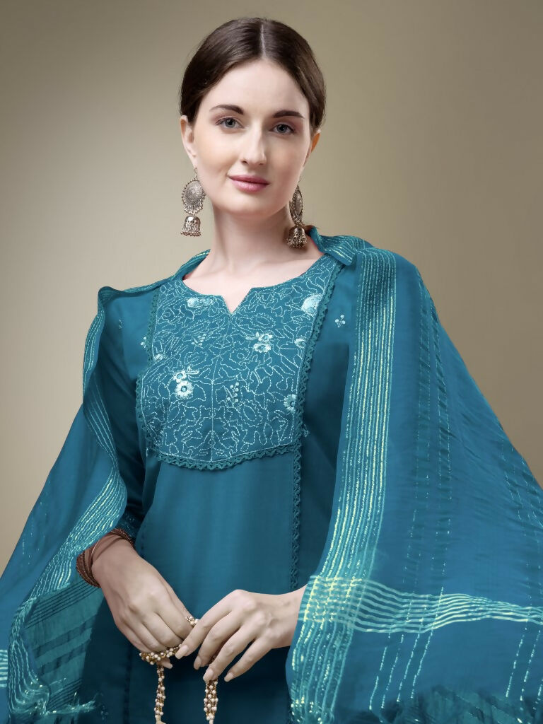 Jyoti Fashion Women's Morpich Cotton Blend Embroidery & Fancy Lace work Kurta with Trouser & Dupatta