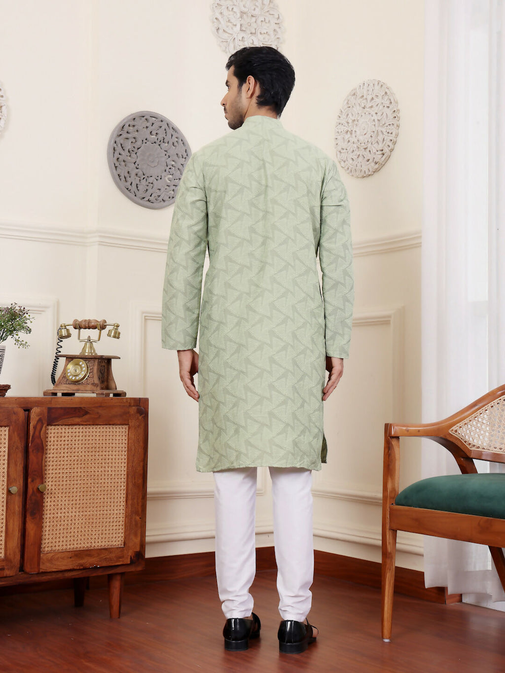 Green Viscose Woven Jacquard Work Men's Rajwadi Kurta Set - Mahotsav