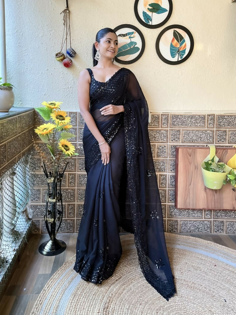 Black Georgette Sequence Embroidery Cut Work Saree - Saadia
