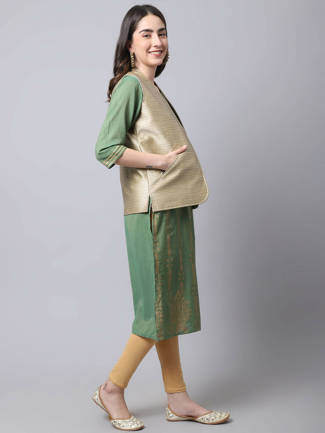 Even Apparels Beige Bansari Silk Open Front Gillet