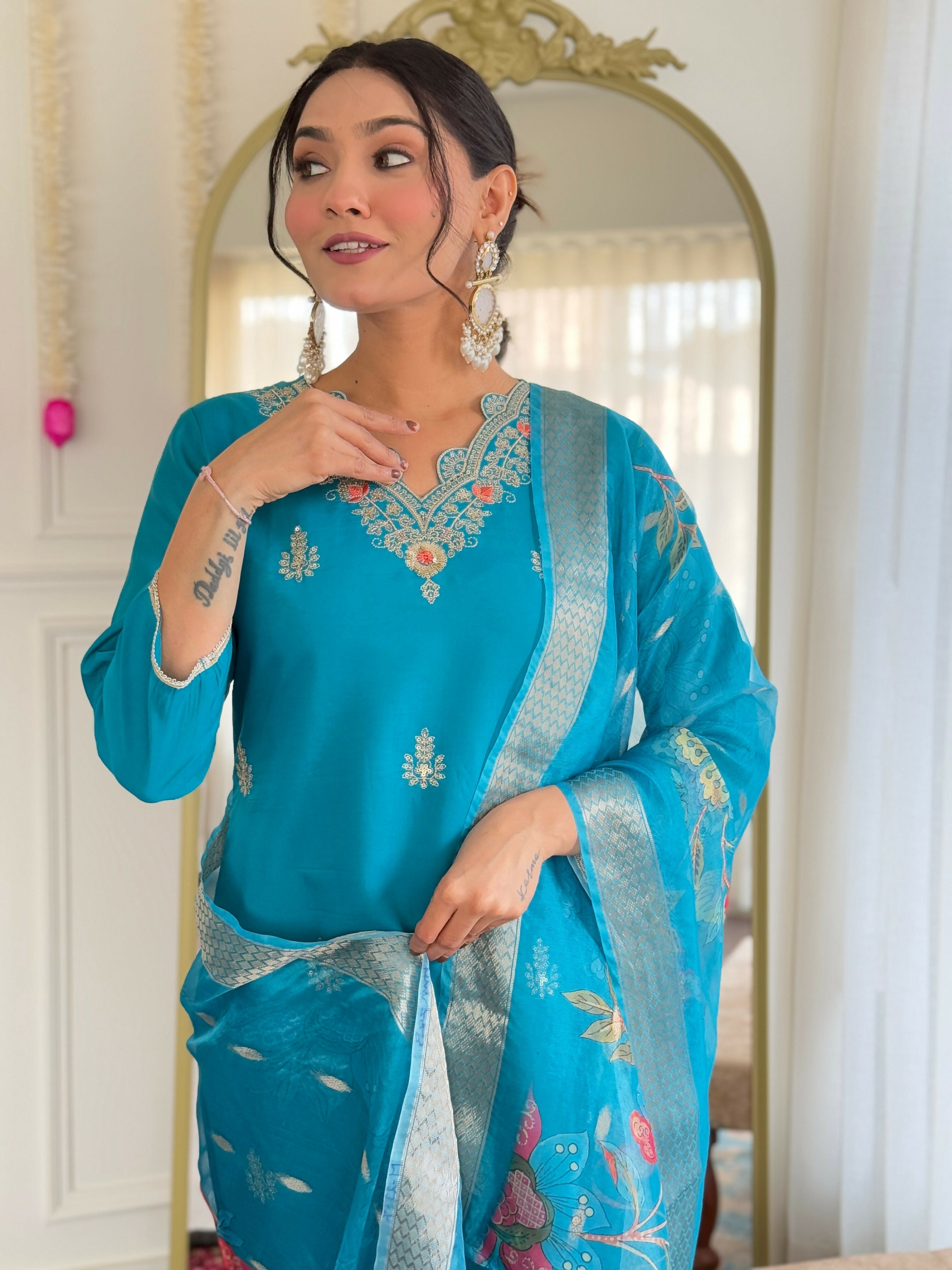 The52 Blue Women's Gorgeous Viscose Fabric Embroidered Work Straight Kurta, Pant and Dupatta Set