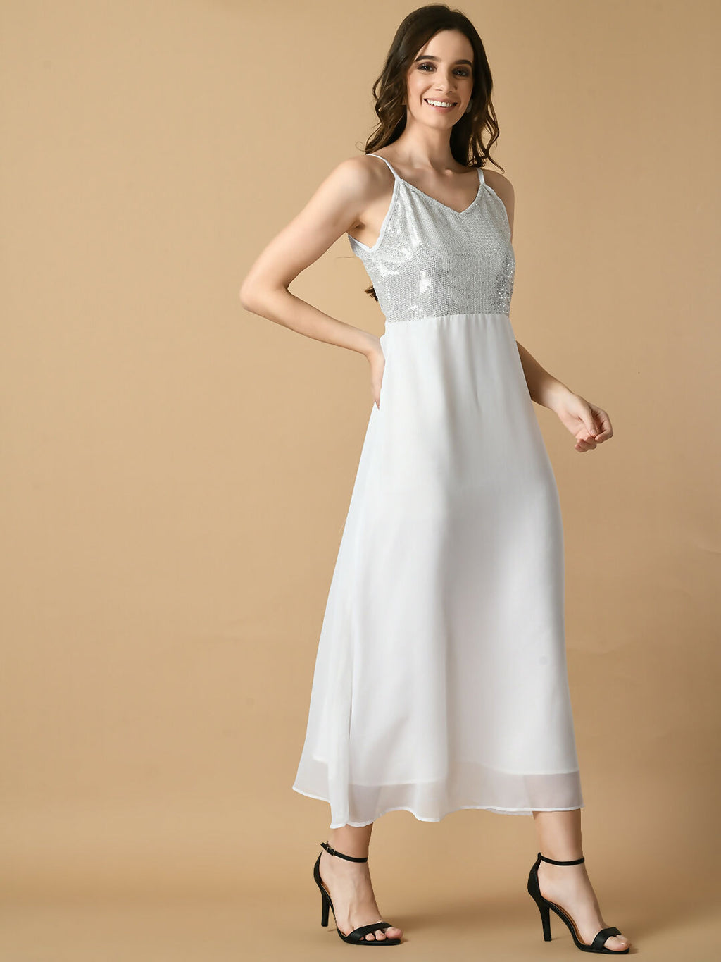 Myshka Women's White Solid Georgette Party Dress