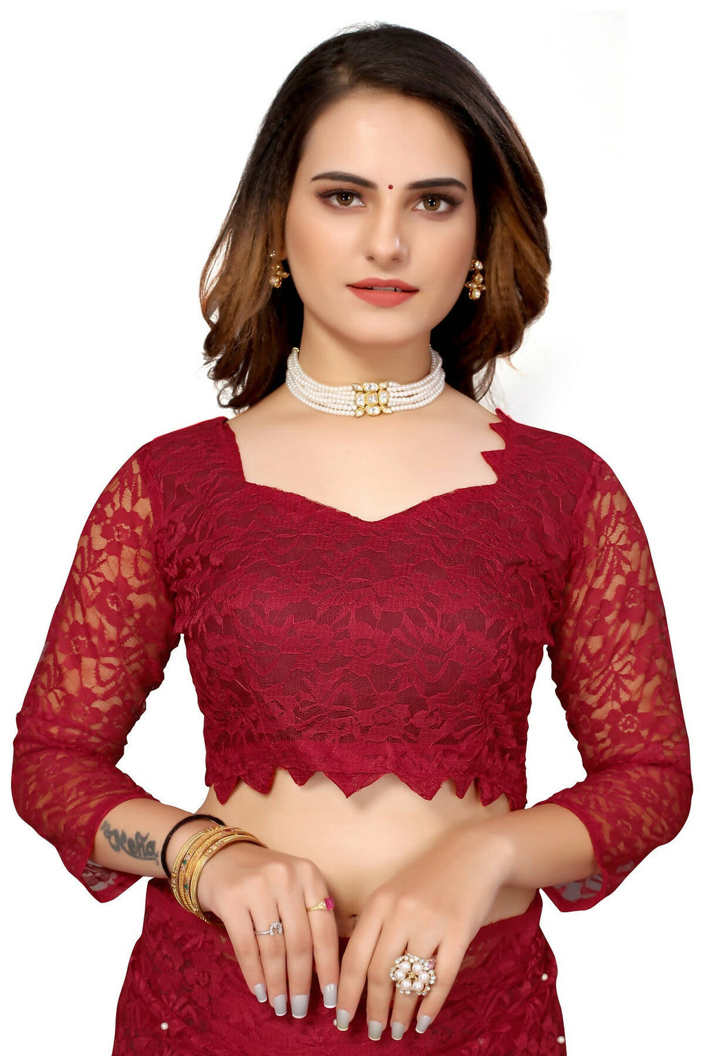 Vamika Maroon Pearls Net Saree