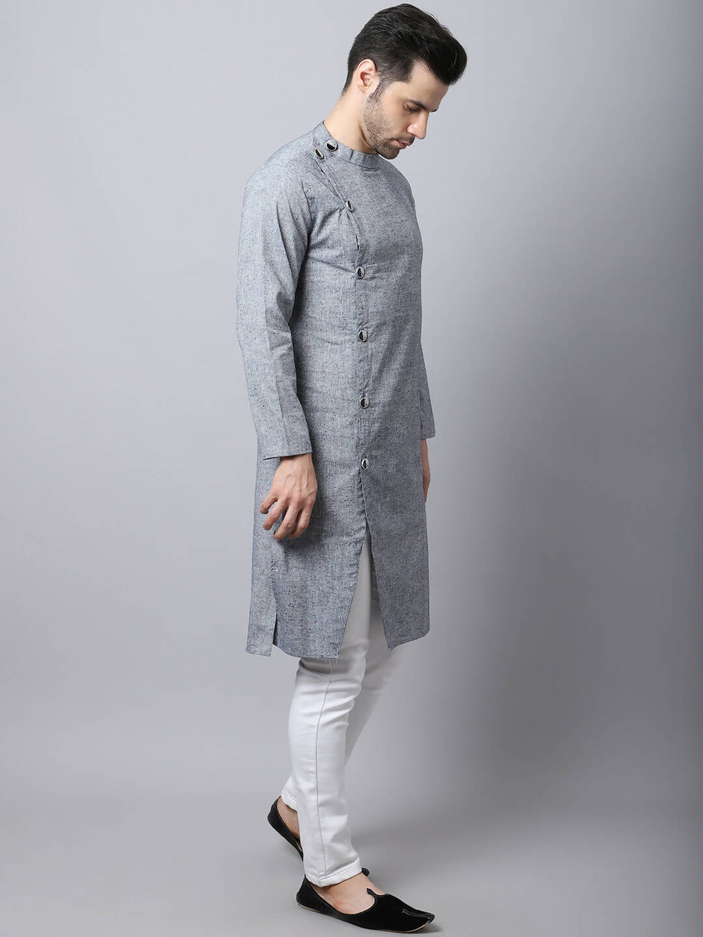Even Apparels Grey Pure Cotton Sherwani Men's Kurta With Asymetrical Cut