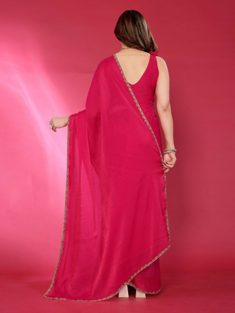 PR Fashion Pink Jimmy Choo Fabric Palin With Work Lace Saree