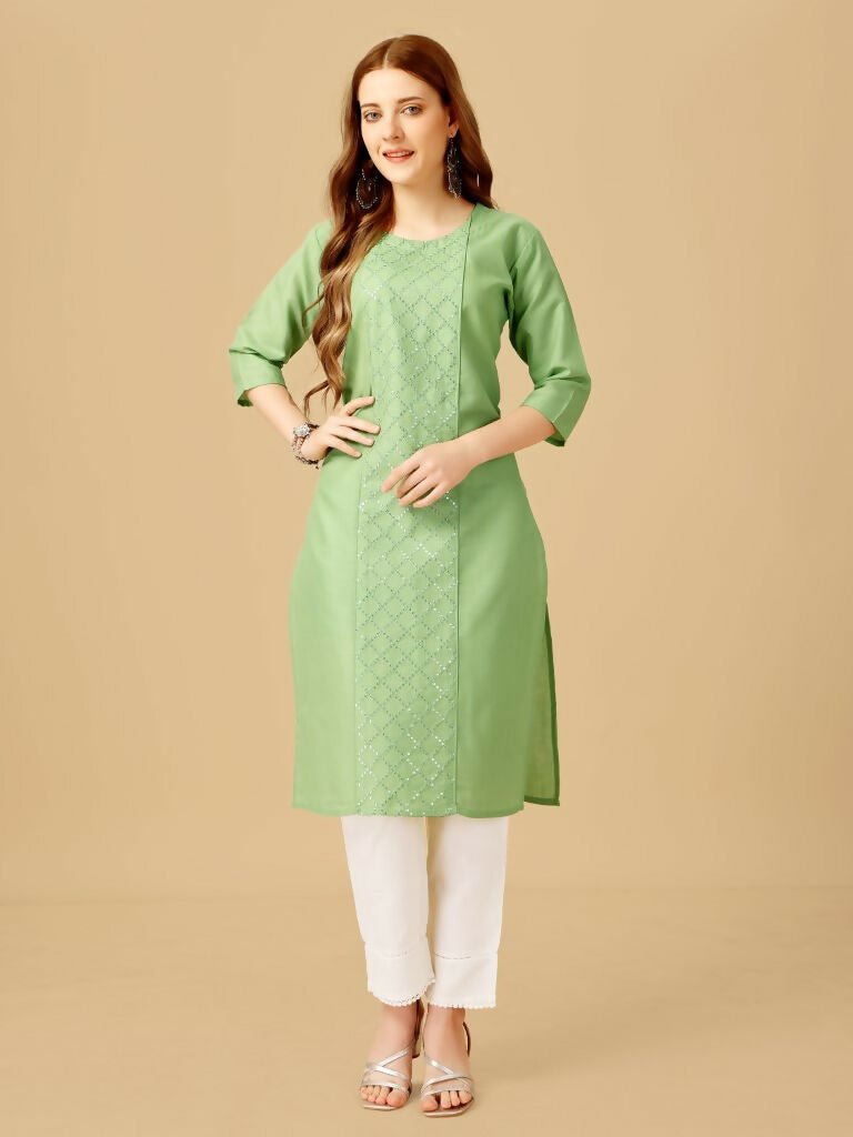 Jyoti Fashion Women's Lime Green Cotton Blend Embroidered Kurta Pant Set