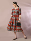 Myshka Women's Multi Printed Cotton V-Neck Empire Party Dress